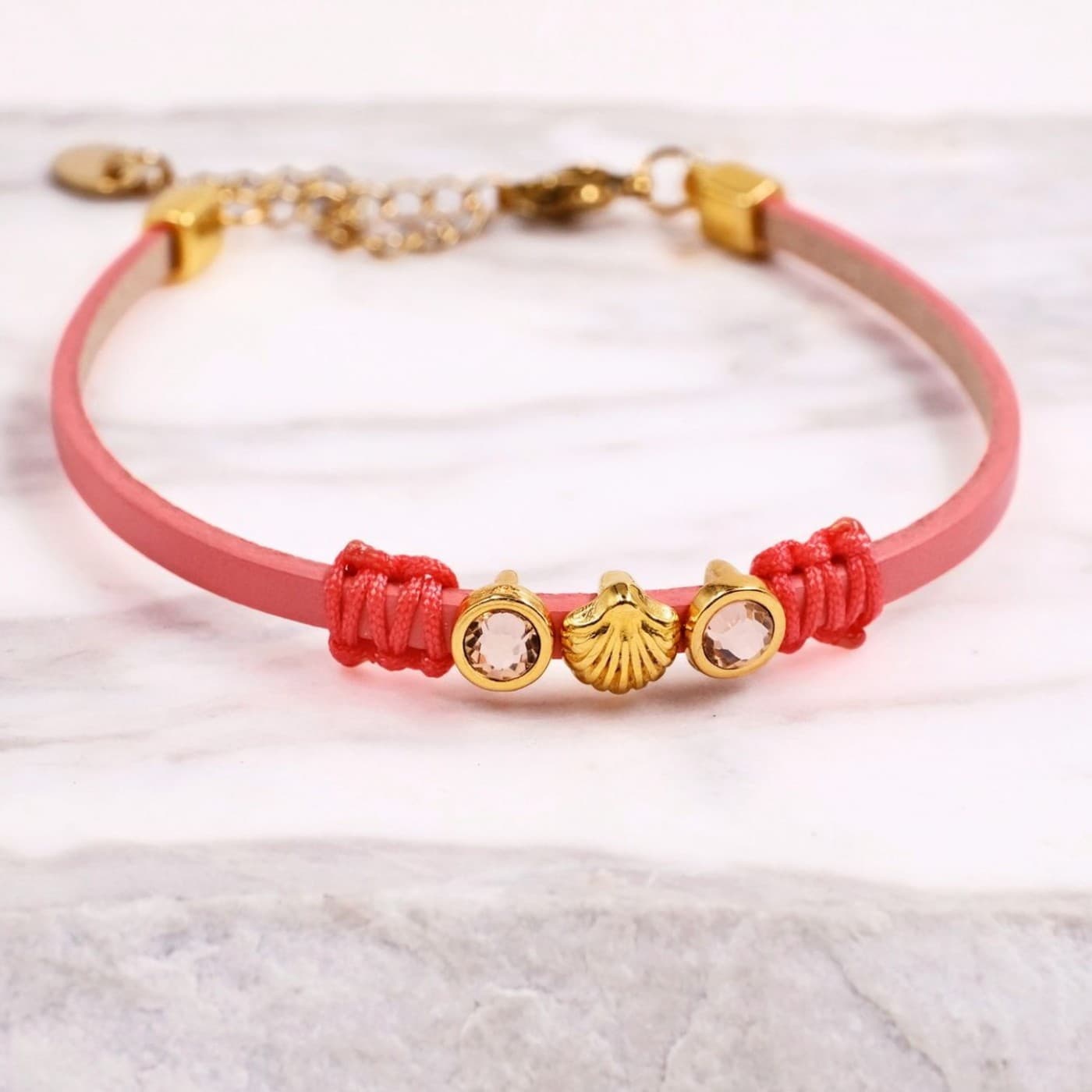 Leather Bracelet | Crystals & Metal Sea Shell- Coral — Bracelets from Toolittle