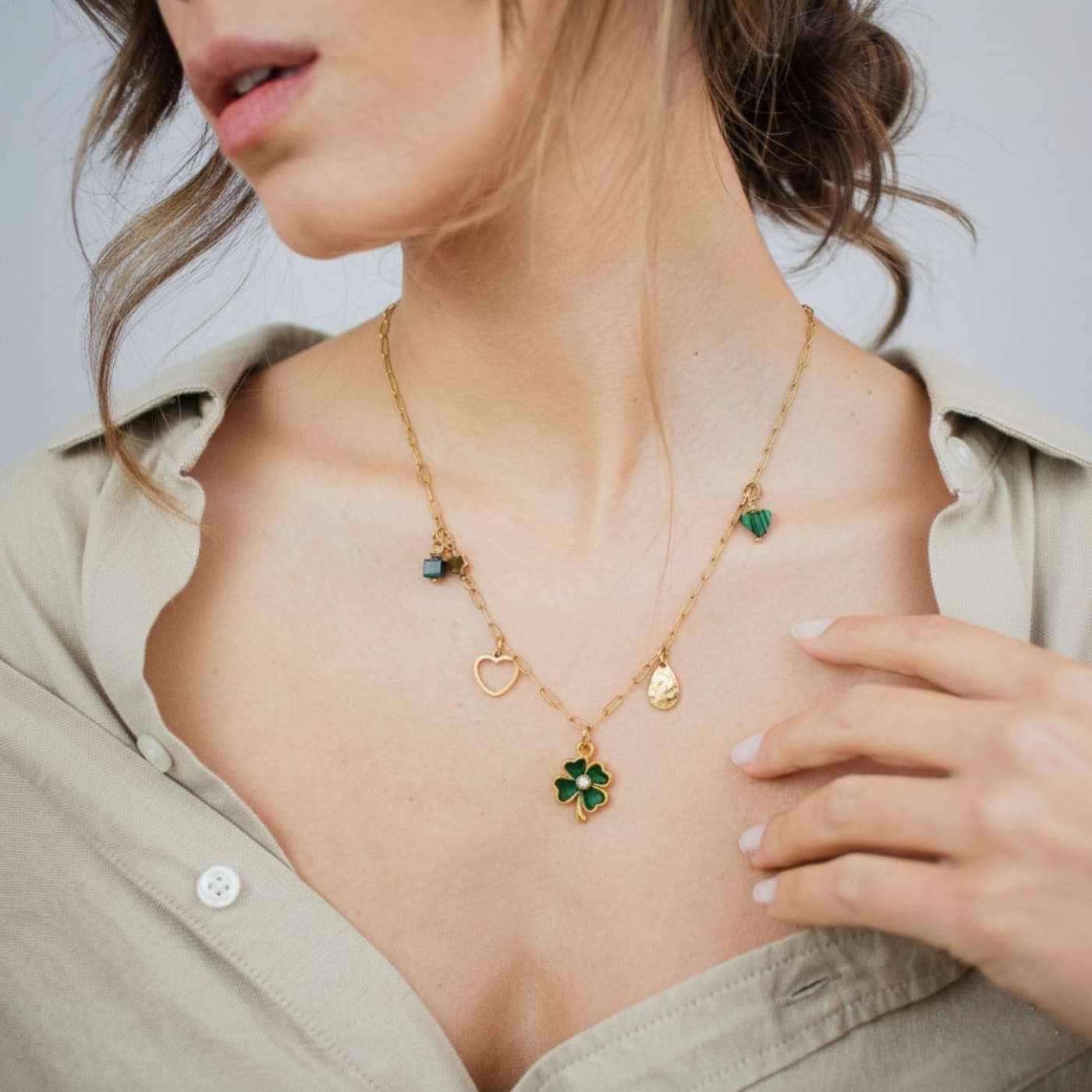 Steel Charms Necklace - Four Leaf Clover & Malachite — Necklaces from Toolittle