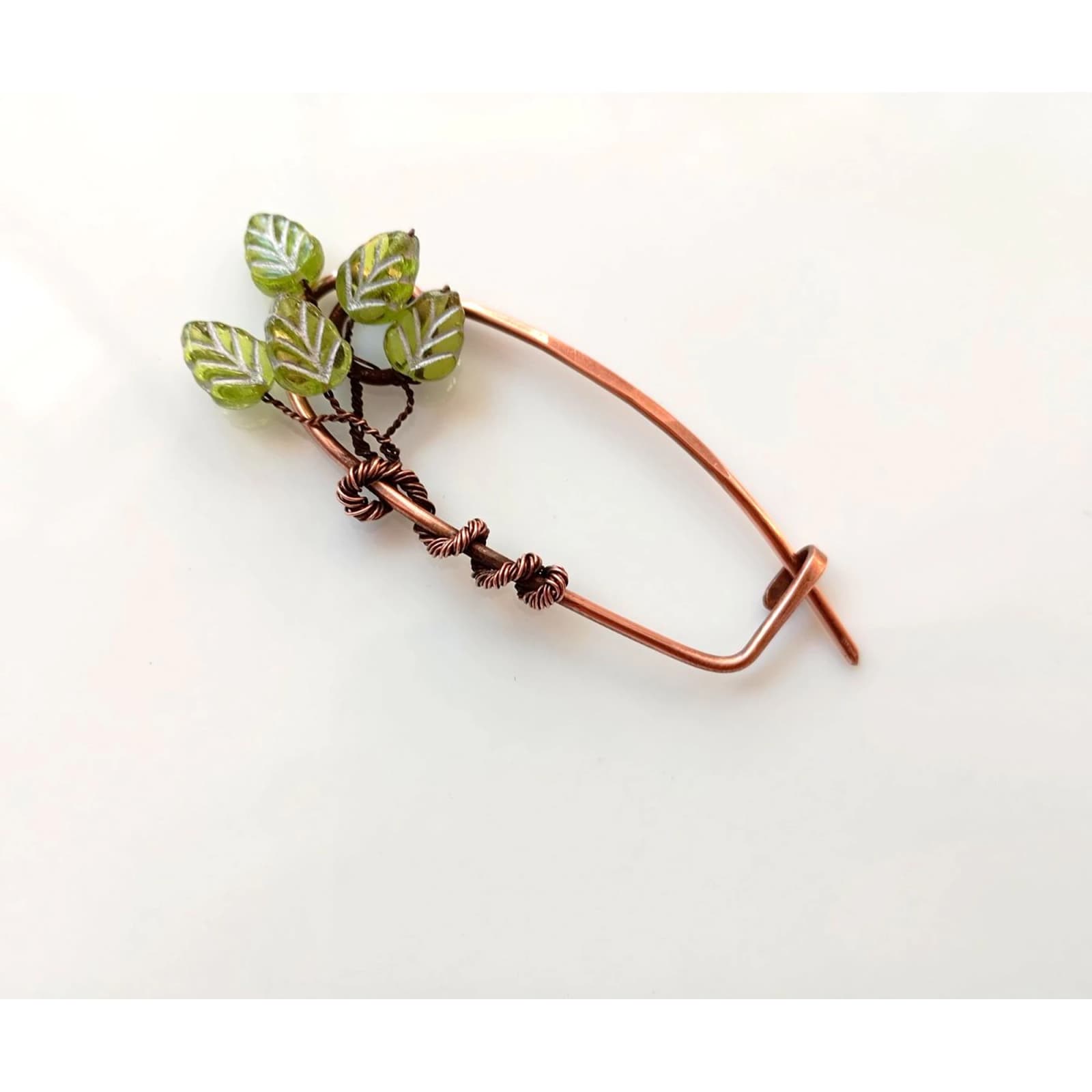 Copper Cardigan Clip with Green Glass Leaves, Handmade Jumper Pin, Botanical Brooch, Shawl Fastener, Scarf Pin, Gift for Her