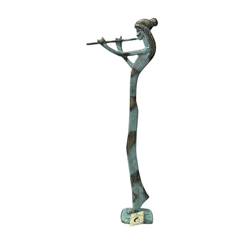 Woman Playing a Flute – Bronze Sculpture – 25 cm – Blue & Gold