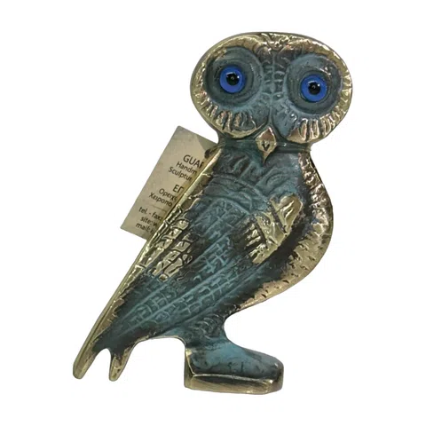 Owl – Flat Bronze Sculpture – 10 cm – Blue & Gold