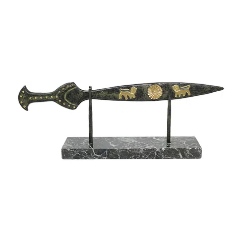 Decorative Sword with Lions on Marble Base – 13 cm – Dark Green