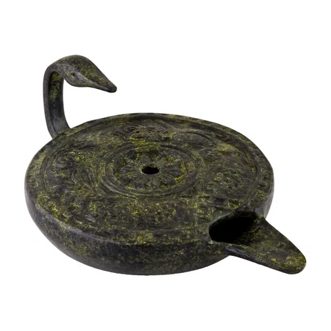 Ancient Greek Oil Lamp – Bronze Sculpture – 4 cm – Dark Green