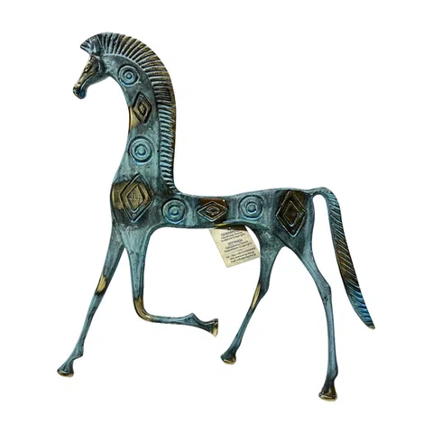 Mycenaean Geometric Horse – Bronze Sculpture – 25 cm – Blue & Gold