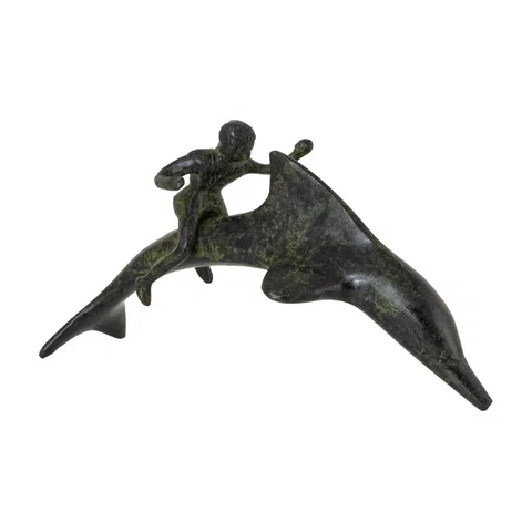 Dolphin with Boy Rider – Bronze Sculpture – 8 cm – Dark Green