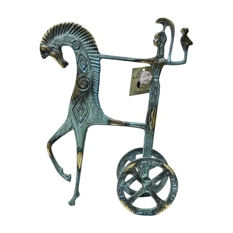Athena's Chariot with Owl – Bronze Sculpture – 12 cm – Blue & Gold