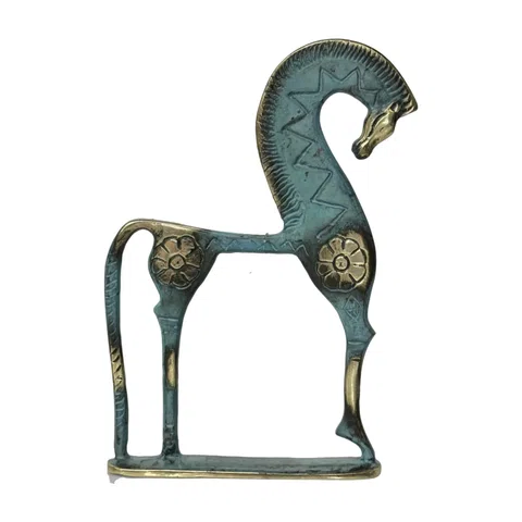 Horse with Lowered Head on Base – Flat Sculpture – 10 cm – Blue & Gold