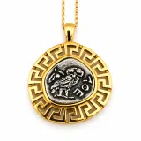 Athena Owl Coin Greek Key Pendant, Museum Jewelry: Oxidized & 18K Gold Filled Sterling Silver