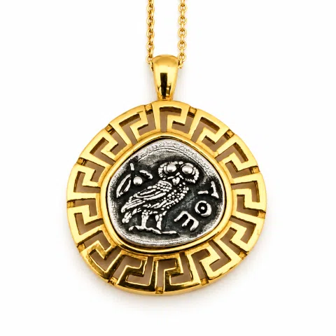Athena Owl Coin Greek Key Pendant, Museum Jewelry: Oxidized & 18K Gold Filled Sterling Silver
