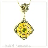 Genuine Peridot Gemstone Filigree Necklace: Sterling Silver Oxidised & Gold Filled Byzantine Pendant
