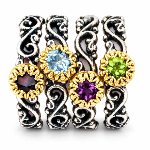 Genuine Gemstones Stacking Ring: Oxidized Sterling Silver & Gold-Filled Bezel