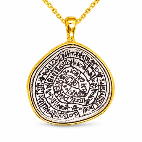 Ancient Greek Calendar Charm Phaistos Disc Pendant: Oxidized Sterling Silver, 18k Gold-Filled,