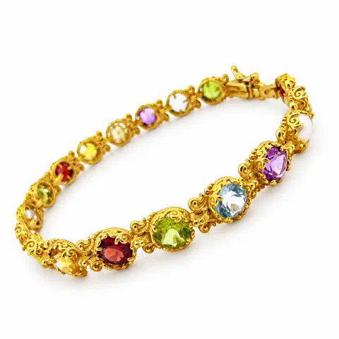 Multi Genuine Gemstone Beaded Bracelet: 18K Solid Gold Byzantine Filigree Tennis Bracelet