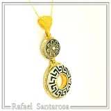 Greek Key & Greek Flower Dangle Necklace: Oxidized Sterling Silver Meander in 18K Gold-Filled Base