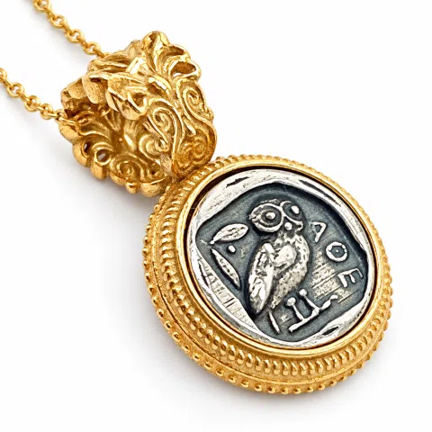 Athena Owl Tetradrachm Coin Antefix Pendant: Sterling Silver oxidised on 18K Gold-Filled Filigree Base