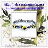 Natural Lapis Lazuli Olive Leaf Floral Beaded Bracelet: Oxidized and 18K Gold Filled Silver