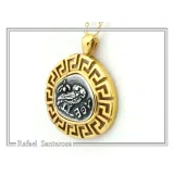 Athena Owl Coin Greek Key Pendant, Museum Jewelry: Oxidized & 18K Gold Filled Sterling Silver