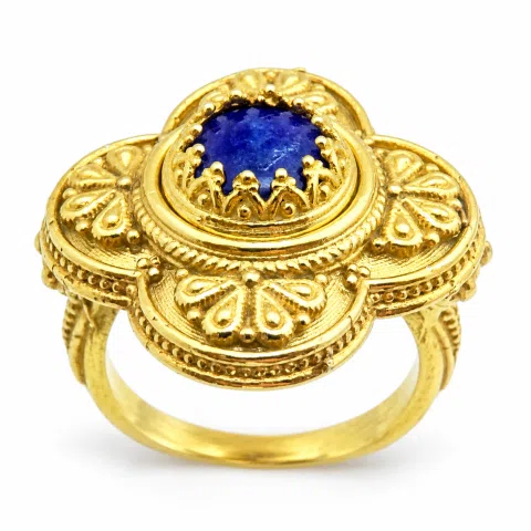 Byzantine Christian Cross Genuine Lapis Lazuli Ring: 18K Gold Filled Sterling Silver Filigree