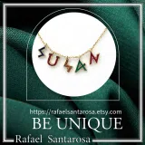 Personalized "Susan" Name Necklace: Multicolored Enamel on Greek Font Letter Silver 18K Gold Filled