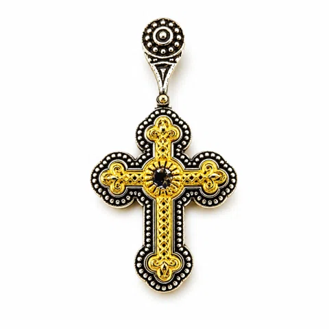 Genuine Sky-Blue Topaz Byzantine Filigree Cross Necklace: Silver oxidised & 18K Gold filled