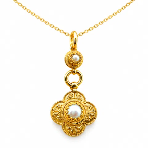 Natural Pearl Byzantine Cross Shape Dangle Pendant: 18K Gold-Filled Silver Filigree Greek Necklace
