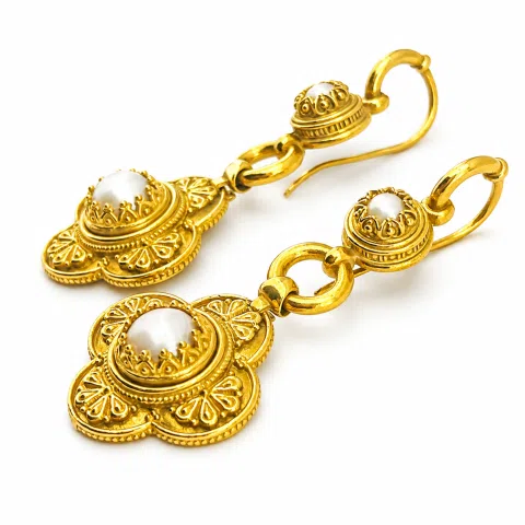 Byzantine Cross Filigree Dangle Earrings: Natural Pearl 18k Gold-Filled sterling silver