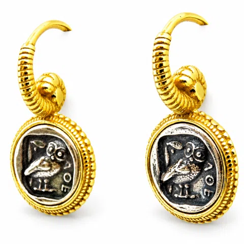 Athena Owl Coin Tetradrachm Ancient Greek Decoration Earrings, Museum Jewelry: Sterling Silver, 18K Gold-Filled