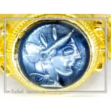 Athena Greek Goddess Head Coin Ring with Antefix Ornaments: Blue Enamel, 18K Gold-Filled Silver