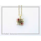 Alabaster Rose Flowers Gems Bouquet Square Necklace: Red &White Roses, Silver 18K Gold Filled.