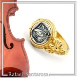 Tetradrachm Athena Owl Replica Greek Coin Ring, Antefix Filigree decoration: Sterling Silver oxidized & Gold-Filled