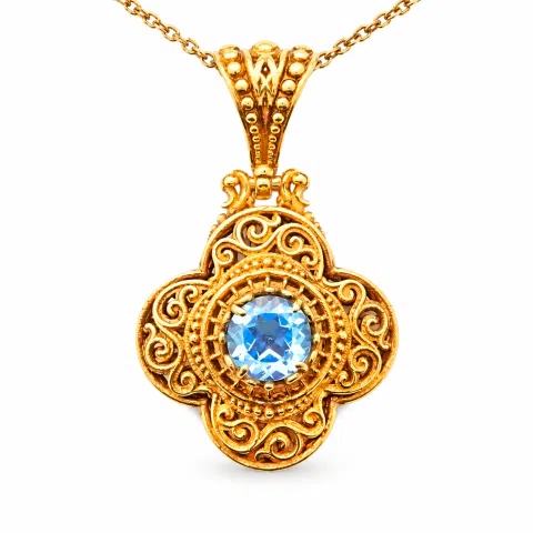 18K Solid Yellow Gold Byzantine Cross Filigree Pendant: Natural Sky-Blue Topaz Handmade Necklace