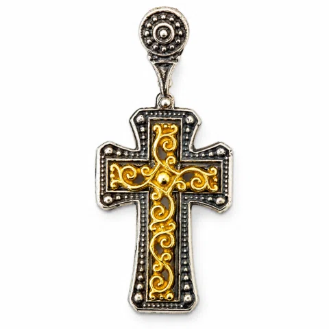 Byzantine Cross Necklace: 18k Gold Filled Filigree Silver Decoration on Oxidized Sterling Silver base