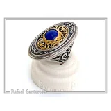 Natural Lapis Lazuli Big Byzantine Ring: Oxidized & 18k Gold Filled Sterling Silver