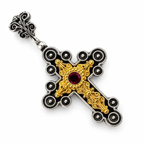 Byzantine Religious Cross Pendant Sterling Silver Oxidised 18k Gold Filled Garnet Necklace