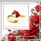 Alabaster Rose Flower Shaped Gems Bouquet Adjustable Ring: Sterling Silver 18K Gold Filled