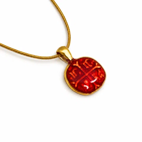 Extra Tiny Protection cross coin icxc nika necklace, red enamel, gold filled Sterling silver.