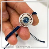 Sterling Silver Athena Promachos Bracelet Greek Key Tetradrachm Sky Blue Enamel Macrame Cord Viscose