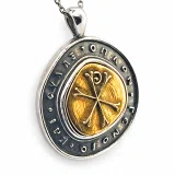 18k Gold Chi Ro Christogram on Oxidized Sterling Silver Pendant: Byzantine prayer inscription Talisman