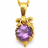 Natural Amethyst Byzantine Delicate Charm Necklace: Filigree Sterling Silver Bezel 18K Gold-Filled