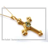 18K Solid Gold Natural Brilliant Cut Sky Blue Topaz Byzantine Filigree Cross Pendant