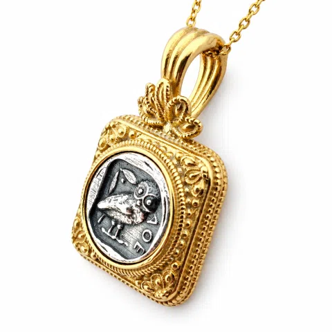 Athena Owl Tetradrachm Coin Ancient Greek Style Necklace: Oxidized Sterling Silver & 18K Gold filled