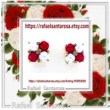 Rose Flowers minimal Stud Earrings: Red and White Alabaster Flowers, Sterling Silver 18K Gold-Filled