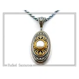 Natural Pearl on Byzantine Ornaments Pendant: Oxidized Sterling Silver and 18 Karat Gold Filled