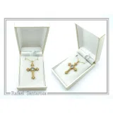18K Solid Gold Natural Brilliant Cut Sky Blue Topaz Byzantine Filigree Cross Pendant