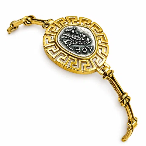 Athena Goddess Owl Tetradrachm Coin Greek Key Bracelet: Oxidized & 18k Gold Filled Sterling Silver
