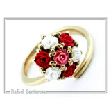 Red & White Roses Alabaster Gems Bouquet Adjustable Floral Statement Ring: 18k Gold Filled Silver