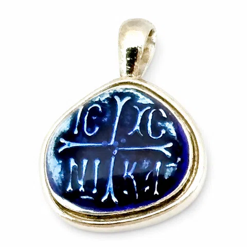 ICXC NIKA Constantinato Christogram Christian Cross Talisman Pendant: Blue Transparent Enamel Silver Necklace