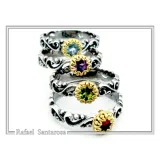 Genuine Gemstones Stacking Ring: Oxidized Sterling Silver & Gold-Filled Bezel