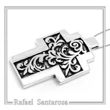 Boho Cross Necklace: Brutalist Floral Oxidized Sterling Silver Pendant