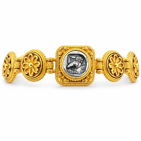 Tetradrachm Owl Coin Ancient Greek style Beaded Bracelet: 18k Gold Filled & Oxidized Sterling Silver